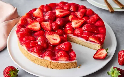 Saftiger Erdbeerkuchen mit frischen Früchten und Tortenguss. Ein Genuss, der einfach backen lässt und jeden begeistert.