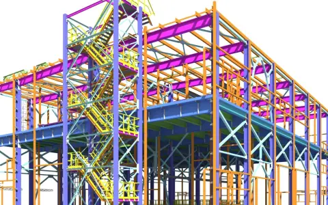 Estructura metálica tridimensional, mostrando la complejidad de la ingeniería estructural con vigas, columnas y escaleras de acceso en diversos colores.