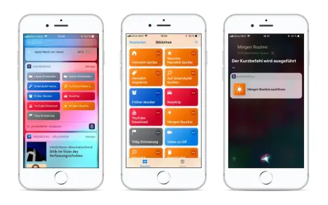 Drei iPhones zeigen die App "Kurzbefehle" mit verschiedenen Routinen wie "Morgen Routine" und "Roadtrip".