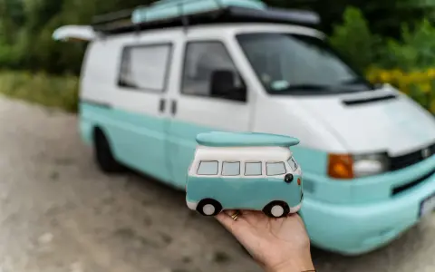 Mała figurka t4 camper w ręce, na tle prawdziwego, turkusowo-białego kampera.
