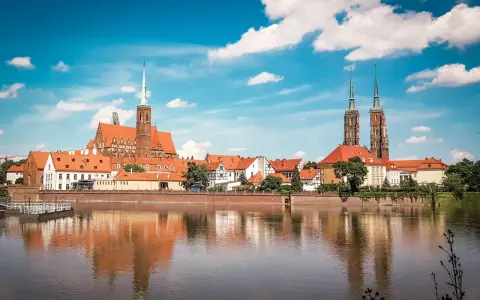 Wrocławskie Ostrów Tumski z katedrą i kościołami, odbijające się w wodzie. W tle widać budynki, które mogłyby pomieścić muzeum sztuki mieszczańskiej.