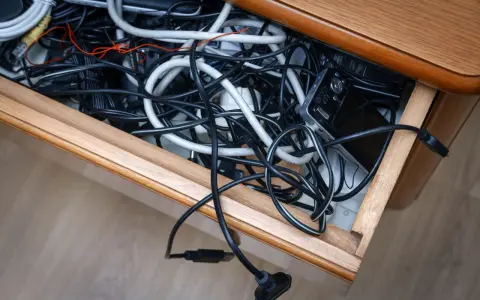Szuflada pełna plątaniny kabli, ładowarek i urządzeń elektronicznych.