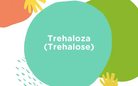 Kolorowe kształty na białym tle. Na turkusowym okręgu napis: Trehaloza (Trehalose).