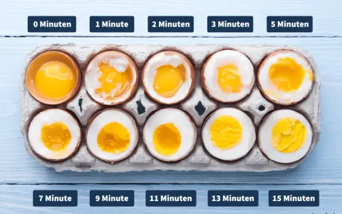 Eier kochen im Topf: rohe Eier bis zu perfekt gekochte Eier nach 15 Minuten. Die verschiedenen Garzeiten zeigen, wie sich das Eiweiß und Eigelb verändern.