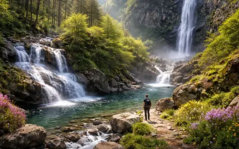Un escursionista ammira la maestosità delle cascate in Calabria, immerse in un bosco rigoglioso e fiorito.