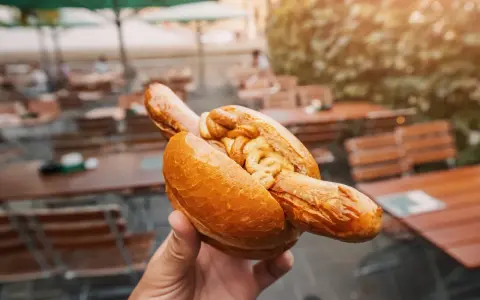 Eine Hand hält eine Bratwurst im Brötchen mit Senf. Ein leckerer Snack, aber die Bratwurst Kalorien sollte man im Auge behalten.