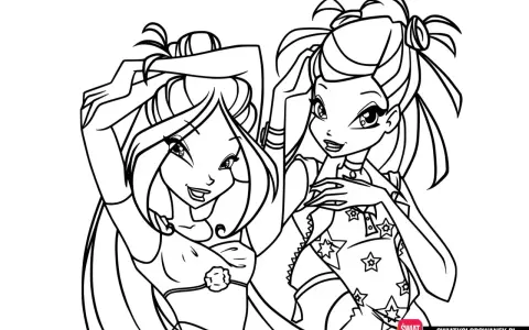 Dwie uśmiechnięte wróżki z Winx Club czekają na pokolorowanie. Idealne anime do druku dla fanów!