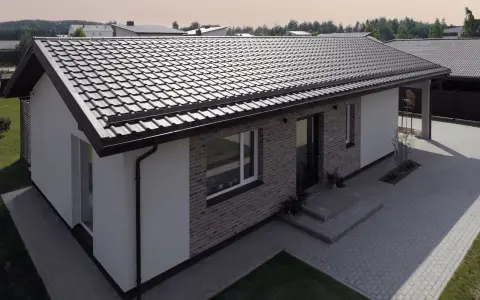 Nowoczesny dom z ceglaną elewacją i białymi tynkami, przykryty ciemnym dachem jednospadowym. Podjazd z kostki brukowej.