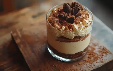 Pyszne tiramisu w pucharku, warstwowe, z bitą śmietaną i kakao. Idealne na deser, gdy masz ochotę na coś słodkiego.