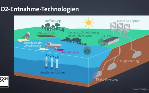 Illustration zeigt verschiedene Methoden, um CO2 zu entfernen: Aufforstung, Pflanzenkohle, Eisendüngung, BECCS, Direct Air Capture und CO2-Speicherung.