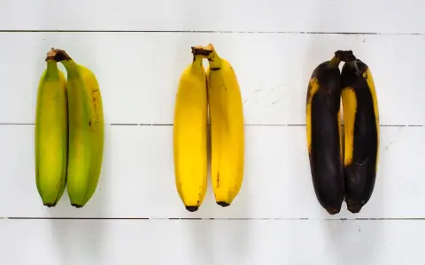 Drei Paare Bananen zeigen verschiedene Stadien der Reife: grün, gelb und überreif. So kann man sehen, wie Bananen lagern.