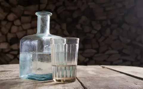 Szklanka i butelka z płynem na drewnianym stole. Czy to bimber? Co to jest?