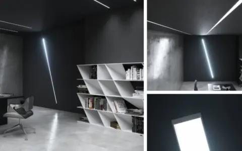 Nowoczesne wnętrze z listwą LED natynkową na suficie i ścianie. Minimalistyczny design, biurko, krzesło i regał z książkami.