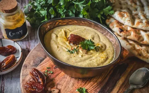 Cremiges Hummus mit Datteln und Curry, perfekt als Dips zum Grillen. Dazu Fladenbrot und frische Kräuter.