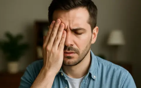 Uomo con mano sull'occhio, forse a causa di uno scotoma anulare.
