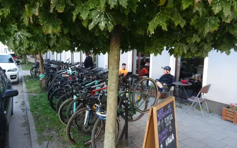 Rowerzyści odpoczywają pod drzewami w Górze Kalwarii. Rzędy rowerów czekają na dalszą trasę.