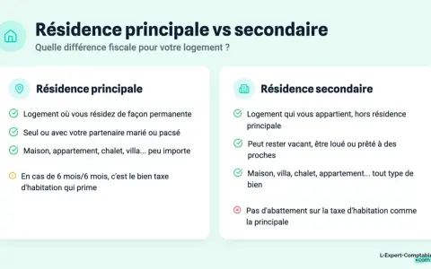 Infographie expliquant la différence résidence principale et secondaire : logement permanent vs. logement secondaire, avec leurs implications fiscales.