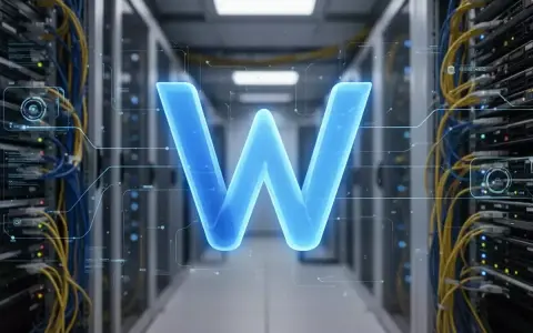 Ein leuchtendes "W" schwebt in einem Serverraum. Dies symbolisiert, was WebView2 ist: eine Technologie, die Web-Inhalte in Desktop-Anwendungen integriert.