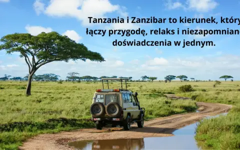 Samochód terenowy na drodze w afrykańskiej sawannie, z akacjami w tle.