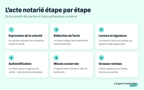 Schéma expliquant les étapes pour retrouver un acte notarié en ligne : expression de la volonté, rédaction, lecture, signature, authentification, minute conservée et grosses remises.