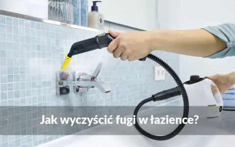 Ręczne mechaniczne czyszczenie fug parownicą Karcher. Para usuwa brud z fug przy baterii łazienkowej.