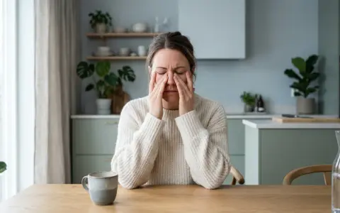 Kvinna med händerna mot ansiktet, troligen på grund av bihåleinflammation. Hon sitter vid ett träbord med en mugg och en karaff med vatten.