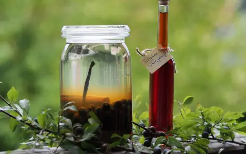 Ein Glas mit Schlehen und eine Flasche Schlehenlikör, bereit für Schlehen Rezepte.