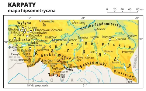Mapa hipsometryczna Karpat w Polsce, ukazująca pasma górskie jak Tatry, Beskidy, Bieszczady, oraz miasta: Kraków, Rzeszów, Tarnów.