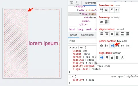 Narzędzie deweloperskie pokazuje, że `flex-wrap` jest ustawione na `nowrap`, a element jest wyrównany do końca.