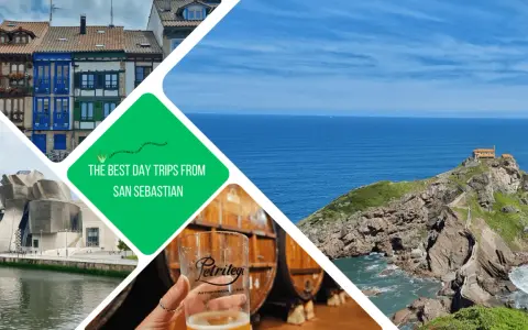 Collage showcasing colorful buildings, the Guggenheim Museum, a beer tasting, and a dramatic coastal church, highlighting the best day trips from San Sebastian.