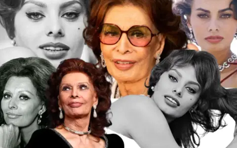Collage de imágenes de Sophia Loren en diferentes etapas de su vida, mostrando su icónica belleza y estilo.