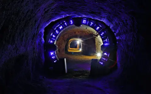 Jelenia Góra bramy czasu, kamienny tunel z niebieskimi runami i światłami, prowadzący w głąb ziemi.