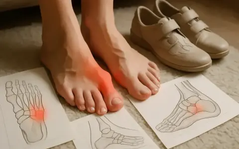 Ból stopy z zapaloną kością śródstopia. Obok rysunki anatomiczne i wygodne buty.