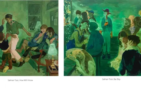 Salman Toor's red chip art depicts intimate scenes of young men in dimly lit interiors and a lively bar.