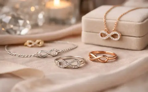 Gioielli scintillanti con il simbolo infinito: collana, bracciale e anelli in oro e argento, un eterno promemoria d'amore.
