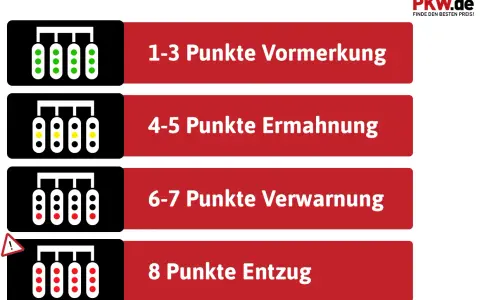 Punkte in Flensburg: 1-3 Vormerkung, 4-5 Ermahnung, 6-7 Verwarnung, 8 Entzug.