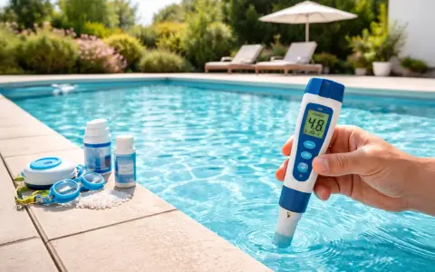 Persona mide el pH de una piscina salina con un medidor digital. Junto a la piscina, gafas y productos para su mantenimiento.