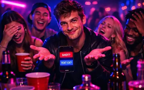 Młody mężczyzna trzyma telefon z pytaniami: "SHOT?" i "TEXT EX?". W tle śmiejący się przyjaciele. Czy kiedykolwiek pytania mocne?