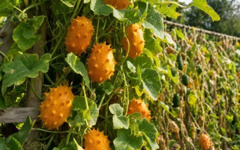 Des concombres kiwano, fruits épineux orange vif, poussent sur une treille. La culture du concombre est ici mise en avant.