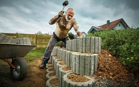 Mann setzt mit Gummihammer Pflanzsteine für eine neue Gartenmauer.