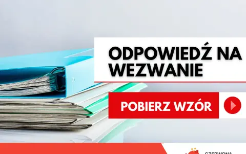Stos dokumentów i segregatorów, tekst "ODPOWIEDŹ NA WEZWANIE", "POBIERZ WZÓR". Pomoc w sprawach horyzont windykacja.