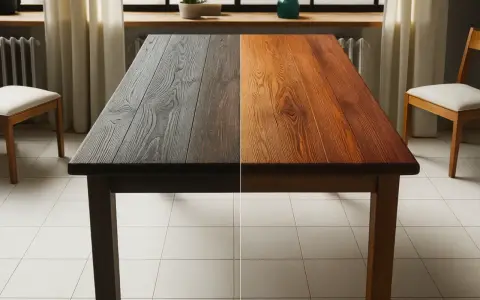Table en bois divisée en deux : d'un côté, le bois est sombre et vieilli, de l'autre, il est éclairci et naturel. Avant après.