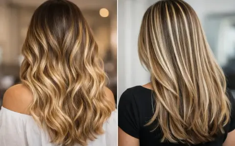 Dos estilos de cabello con reflejos rubios y miel. Uno con ondas suaves y el otro con capas más definidas.