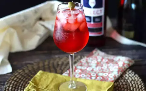 Un verre de spritz vénitien, rafraîchissant et pétillant, garni d'une olive. Parfait pour un apéritif ensoleillé.