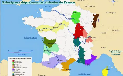 Carte des principaux départements viticoles de France, montrant les régions comme Bordeaux, Bourgogne, Champagne, et la Vallée du Rhône.