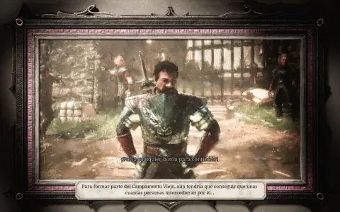 Un guerrero con armadura de bestia, en un estilo de gothic remake, posa ante un campamento.