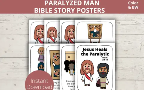 Ilustracje biblijne: Jezus uzdrawia paralityka, w tym Jezus i uzdrowiony mężczyzna.
