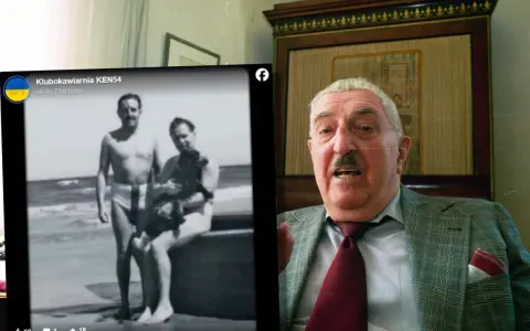 Jerzy Waldorff z bratem na plaży, obok portret samego Jerzego.