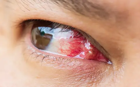 Occhio con pterigio arrossato e infiammato, in attesa di un intervento laser per rimuoverlo.
