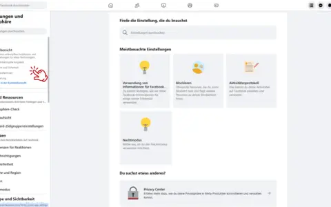 Facebook-Einstellungen: Ein Finger tippt auf "Kontenübersicht" in der linken Seitenleiste.